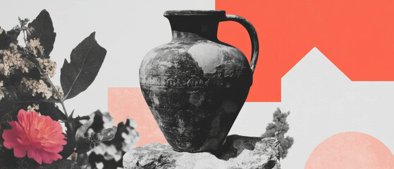 Poster - Minimized floral and geometric collage featuring ancient amphora fragment in black and white