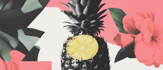 Poster - Minimalist collage featuring sliced pineapple and floral geometric shapes on a white background