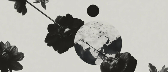 Poster - Minimalist collage featuring pendulum over map with floral elements and geometric shapes