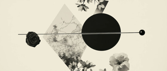Poster - Minimalist collage featuring a pendulum overlaid on geometric shapes and floral elements