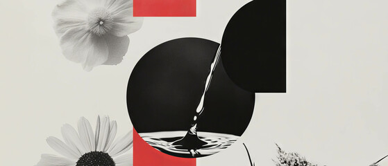 Poster - Minimalist collage featuring geometric shapes and a water droplet in black and white