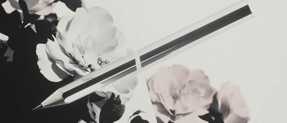 Poster - Minimalist collage of geometric shapes and flowers featuring a mechanical pencil