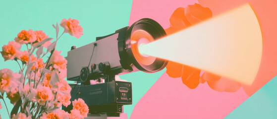 Poster - Minimalist collage of a film projector and vibrant floral elements against a simple backdrop