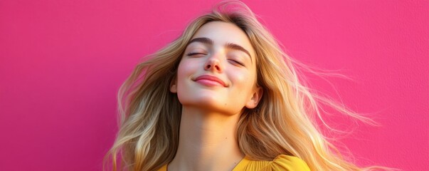 Wall Mural - Joyful young woman with flowing blonde hair poses against vibrant pink background