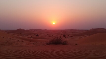 Poster - Golden sand dunes stretch far and wide beneath a breathtaking sunset, as the sun sinks slowly on the horizon, painting the sky with hues of orange and purple. Peace and stillness envelop the scene