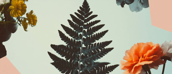 Poster - Minimalist collage featuring a close-up fern leaf with floral accents on a white background