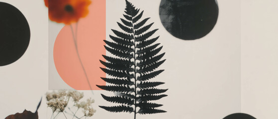 Aufkleber - Minimalist collage featuring a fern leaf and geometric shapes on a white background