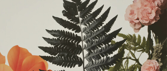 Aufkleber - Minimalist collage displaying a fern leaf with geometric shapes and blossoms on a white background