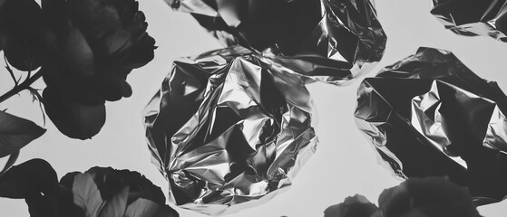 Poster - Minimalist collage of crumpled aluminum foil intertwined with floral elements on a white background