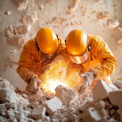 Aufkleber - Urban Resilience Imagery Rescue Workers in Advanced Gear Cutting Rubble, Dynamic Textures for Disaster Preparedness Marketing in Public Safety and Emergency Response Industries