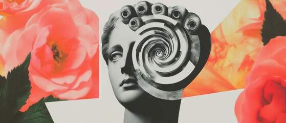 Poster - Minimalist collage showcasing a statue's head with spiral eyes and floral elements