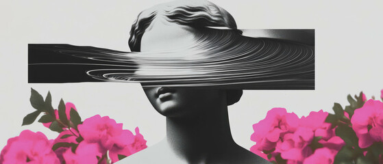 Poster - Minimalist collage featuring geometric shapes and flowers blending with a statue's face
