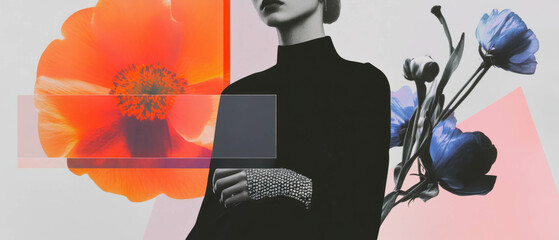 Poster - Elegant evening clutch collage featuring geometric shapes and flowers on a minimalist background