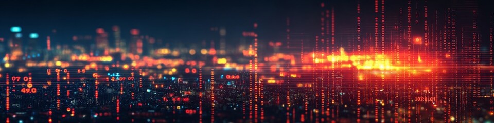 Poster - Cityscape At Night, Abstract Lights And Data Streams Form Modern Technology Design With Binary Code
