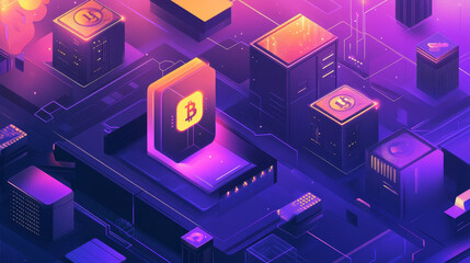 Poster - Cryptocurrency digital wallet, bitcoins and mining blockchain technology. Vector bitcoin or digital cryptocurrency exchange, innovative e-business and online web commerce network