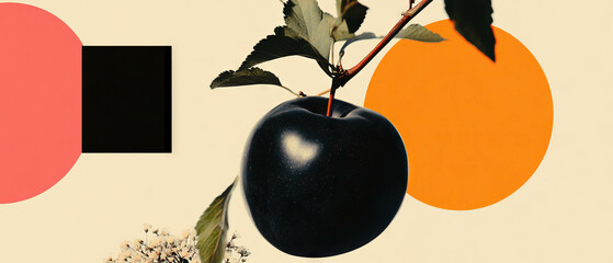 Aufkleber - Minimalist collage featuring geometric shapes and a whole plum with a branch on white background
