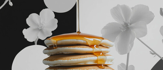 Poster - Minimalist collage featuring pancakes with syrup and floral geometric design on a white background