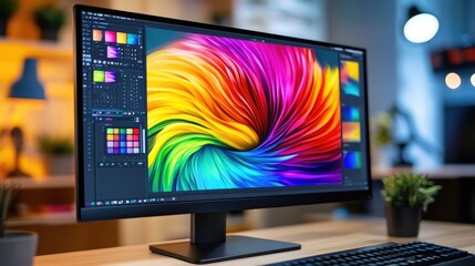 Poster - Colorful graphic design elements displayed on a computer monitor, showcasing various tools for digital art creation and visual design.