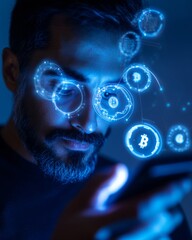 Aufkleber - Neon Cyber Finance South Indian Man Navigating Holographic Digital Currency Display in Modern Blue-Lit Home Office - Fintech Innovation and Secure Crypto Management
