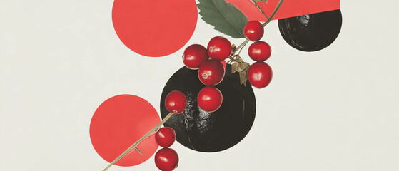 Poster - Minimalist collage featuring cranberries and geometric shapes on a white background