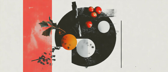 Poster - Minimalist collage of geometric shapes with cranberries and floral elements on a white background