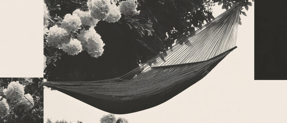 Poster - Minimalist collage featuring a hammock amidst geometric shapes and flowers