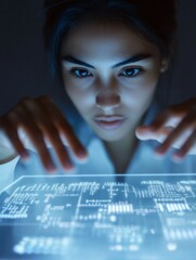 Aufkleber - Interactive Holographic Display Latina Woman Engaging with Neon-Lit Floating Data - Business Innovation and Cybersecurity for Modern Professional Environments