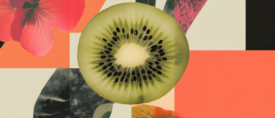 Poster - Minimalist collage featuring kiwi, flowers, and geometric shapes on a white background