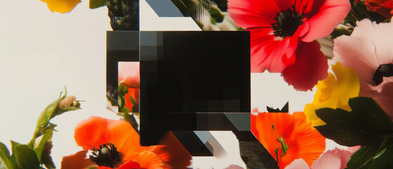 Aufkleber - Minimalist collage featuring geometric shapes and floral elements with a pixelated shield