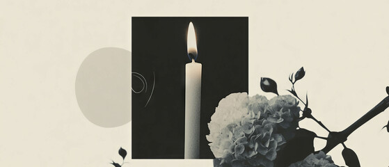Poster - Minimalist collage featuring a flickering candle amidst geometric shapes and flowers