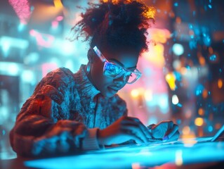 Aufkleber - Futuristic Tech Aesthetics Young Black Woman Crafting Art with Holographic Displays in Home Studio - Enhancing Creative Industries and Digital Self-Expression