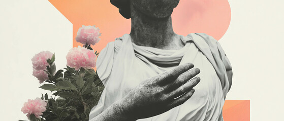 Poster - Minimalist collage featuring a draped statue's arm intertwined with geometric shapes and flowers
