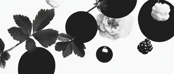 Aufkleber - Minimalist collage of cloudberries and geometric shapes on a white background
