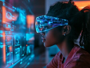 Fototapete - Holographic Design Immersion Young Black Woman Crafting Futuristic Models with Cutting-Edge Tools in Home Studio - Creative Tech Solutions for Innovative Industries