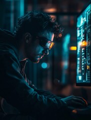Leinwandbilder - Cyber Noir Workspace Man with AR Glasses in Dimly Lit Room Navigating Holographic Interface - Immersive Tech for Modern Business and Interactive User Experience