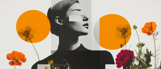 Poster - Minimalist collage featuring geometric shapes and floral elements on a white background