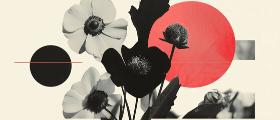 Poster - Minimalist collage featuring geometric shapes and black-and-white floral cutouts