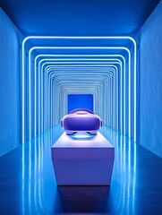 Aufkleber - Futuristic Tech-Savvy Workspace VR Glasses on Sleek Modern Table with Ambient Blue LED Strips - Innovative Design for Digital-Driven Business Environments