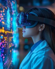Leinwandbilder - Futuristic Health Tech East Asian Female Doctor in Virtual Reality Performing Remote Diagnosis with Holographic Data - Digital Healthcare Innovation for Enhanced Medical Solutions