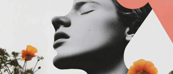 Poster - Collage featuring geometric shapes, flowers, and a close-up of a nose with a sick expression