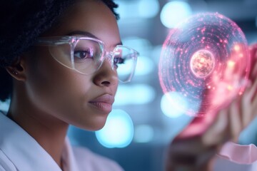 Aufkleber - Futuristic Holographic Interface Black Female Engineer in Neon Lab Exploring Solar System Model - Cutting-Edge Visualization for STEM Innovation and Tech Design