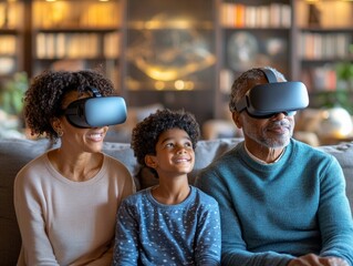 Aufkleber - Immersive VR Family Experience Multiracial Household Enjoying Futuristic Virtual Museum at Home - Innovative Tech for Interactive Learning and Entertainment