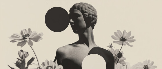 Poster - Minimalist collage featuring a statue and floral geometric design on a white backdrop