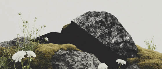Poster - Minimalist collage showcasing nature's beauty with geometric shapes and moss on rock