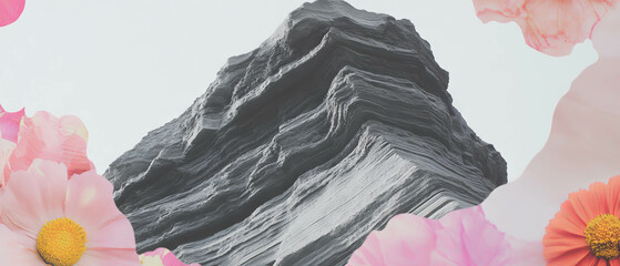 Poster - Minimalist collage featuring rock formation and floral elements on a white background