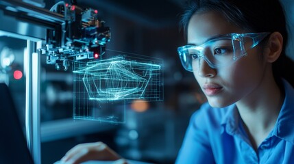 Poster - Holographic Printing Trend East Asian Professional Woman in Smart Office Creating Futuristic Architectural Models - Innovative Design and Technology for Modern Architectural Solutions