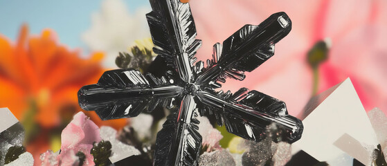 Poster - Minimalist collage featuring intricate snowflake against floral and geometric backdrop