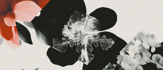 Poster - Minimalist collage featuring a snowflake among geometric shapes and flowers on a white background