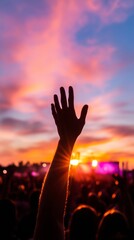 Aufkleber - Vibrant Festival Silhouettes Sunset Crowd with Raised Hands - Modern Event for Social Media Campaigns and Community Engagement
