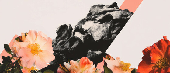 Aufkleber - Minimalist collage featuring a flaky biscuit and floral elements on a white backdrop